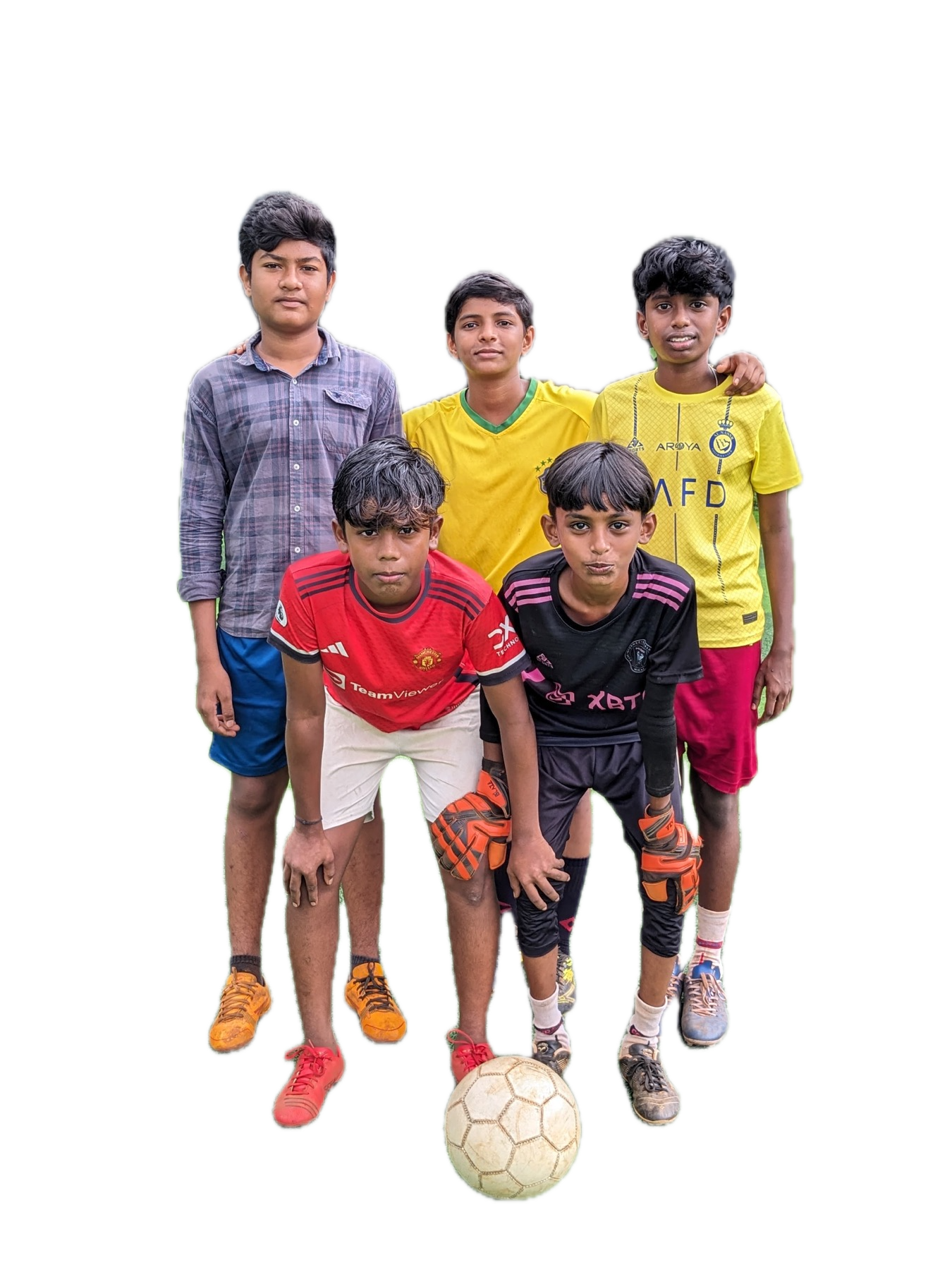 Five Learning Pod boys posing with a football